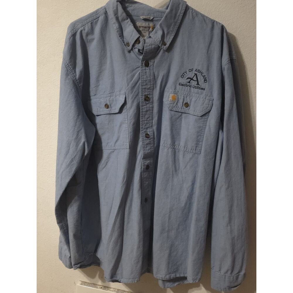 Carhartt Shirt XXL Demin Workwear Button Pockets Company Logo Long Sleeve